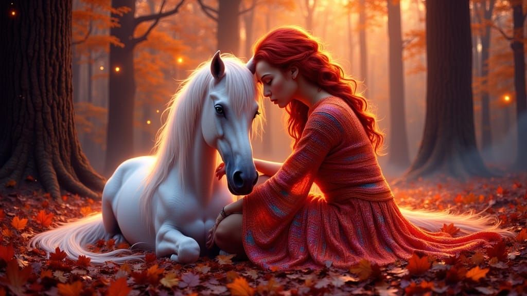 Stunning Woman Hugs Unicorn in Neon Autumn Forest