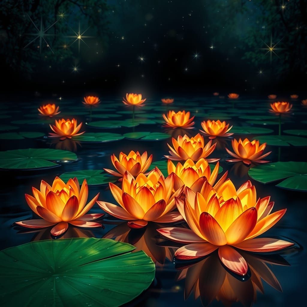 Neon Water Lilies Bloom at Night