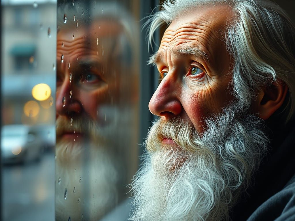 An elderly man with a long white beard gazes out a window on...