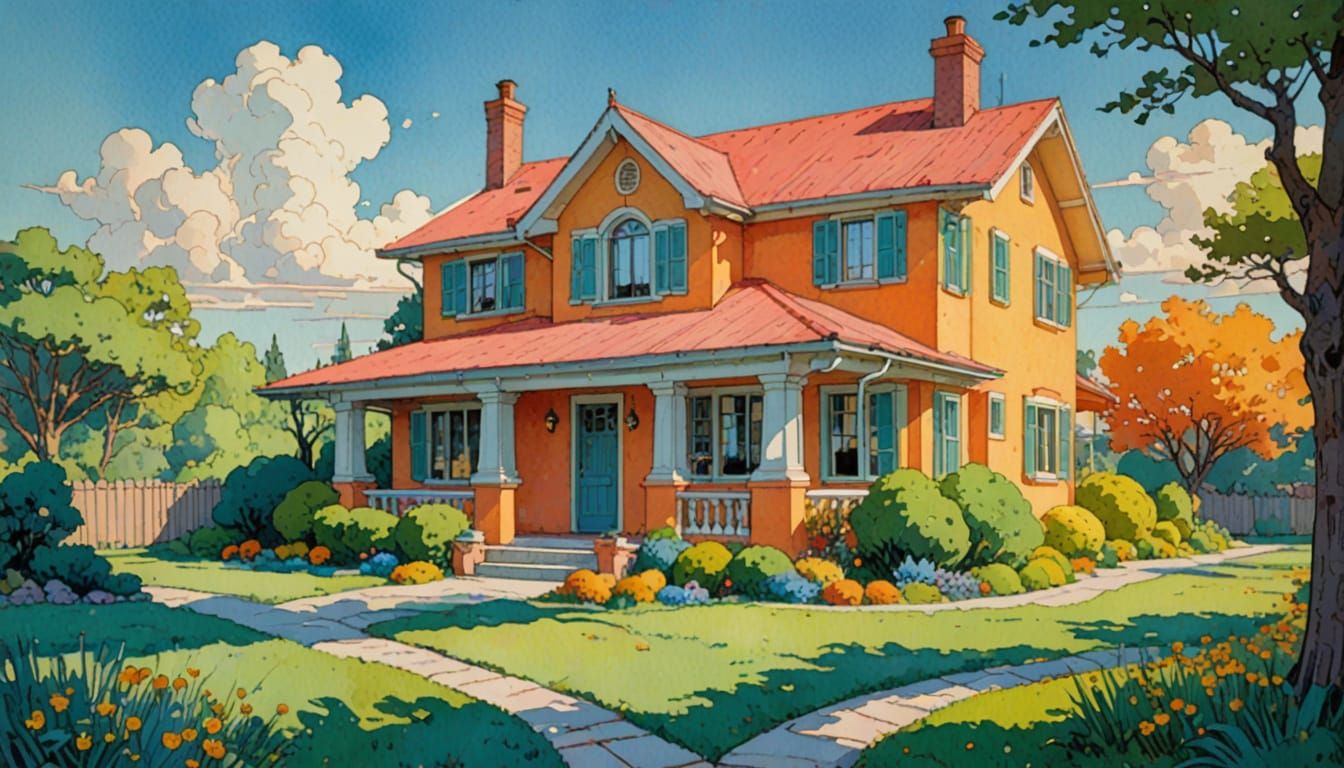 Cheerful Block House Bathed in Afternoon Sunlight