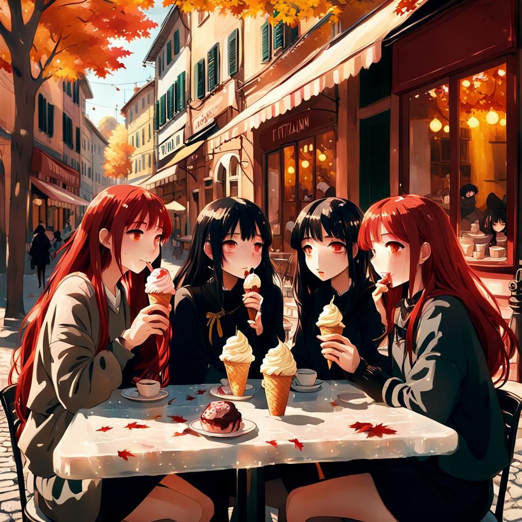 Anime Girls in Italian Cafe: Ghibli-Style Autumn