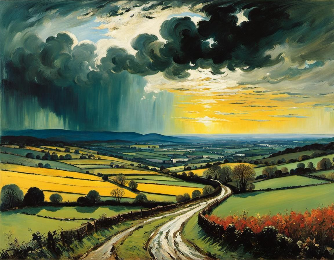 Hilly Landscape with Sun, Clouds, and Rain