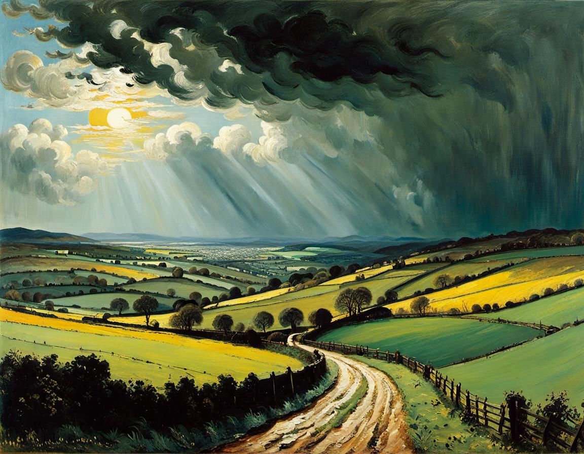 Sun and Rain Over Hilly Landscape: Watercolor Style