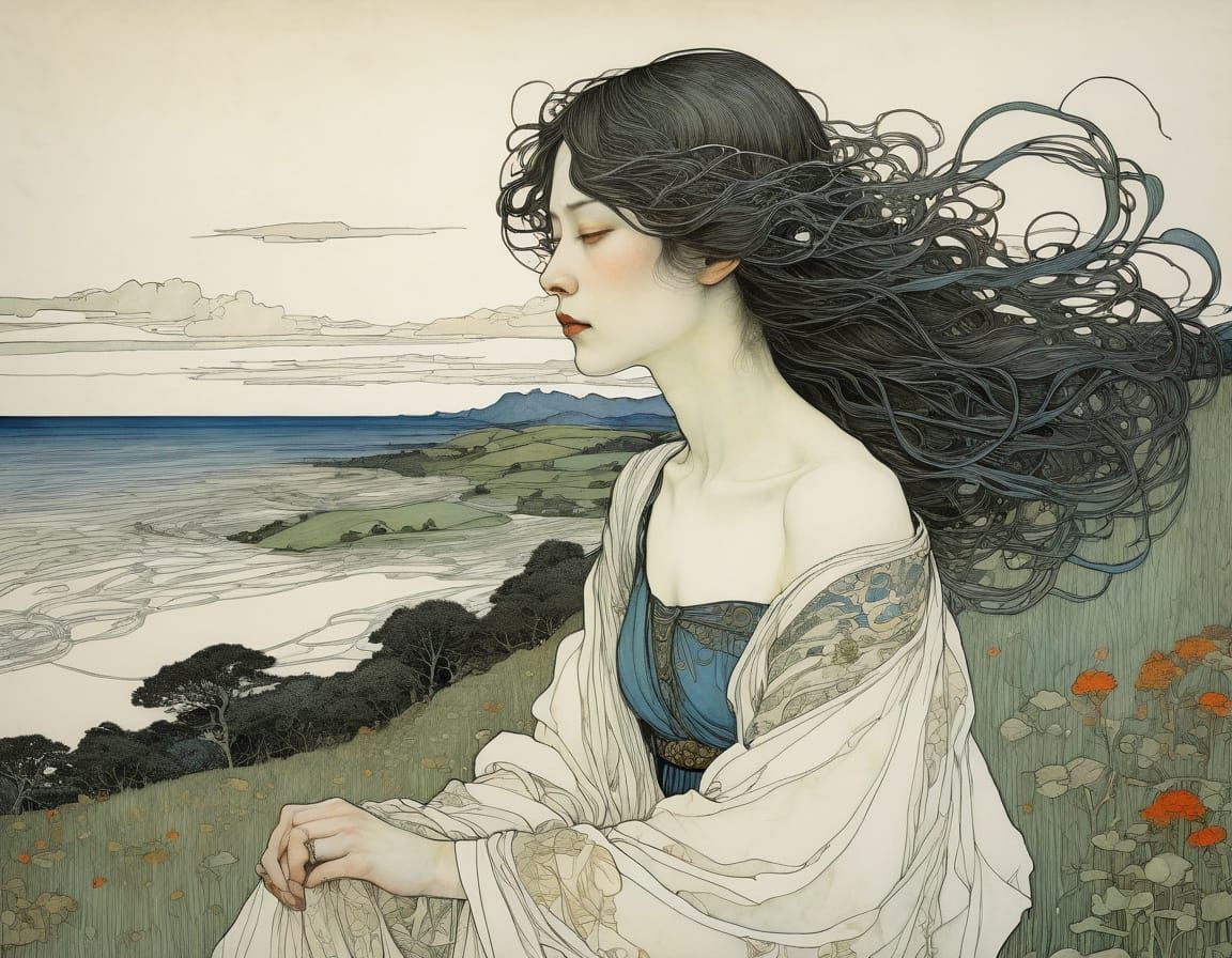 Goth Woman in Spring Landscape, Organic Line Drawing