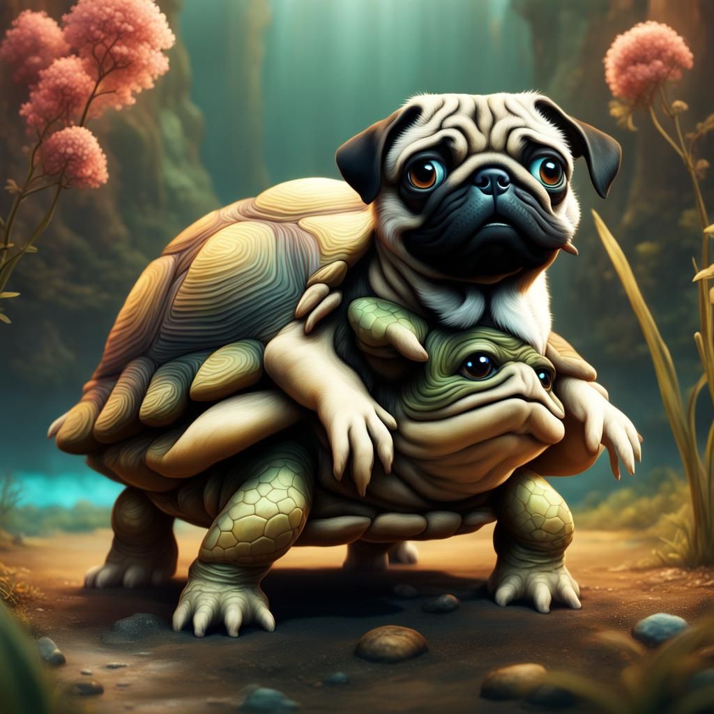 Turtle and Pug Embrace: Detailed Matte Painting