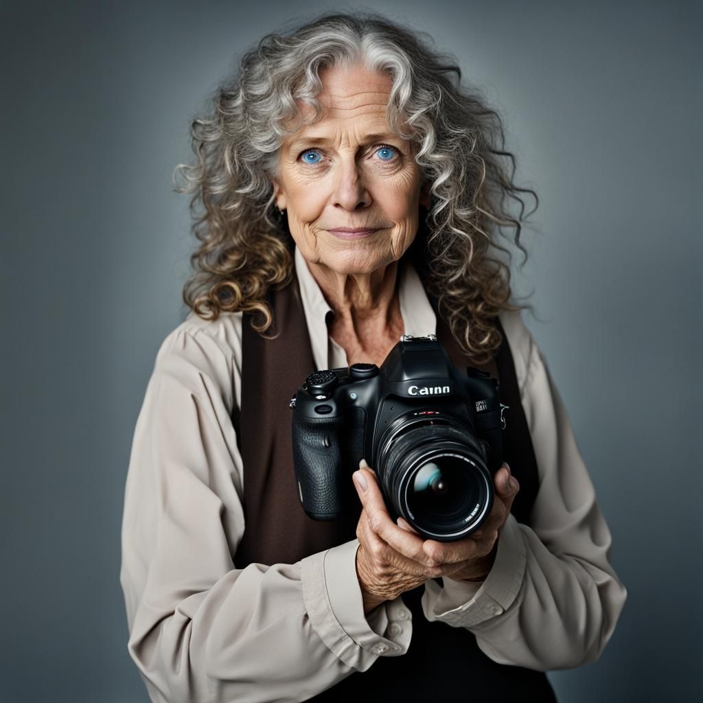 Professional Portrait of a Gray-Haired Woman with Camera