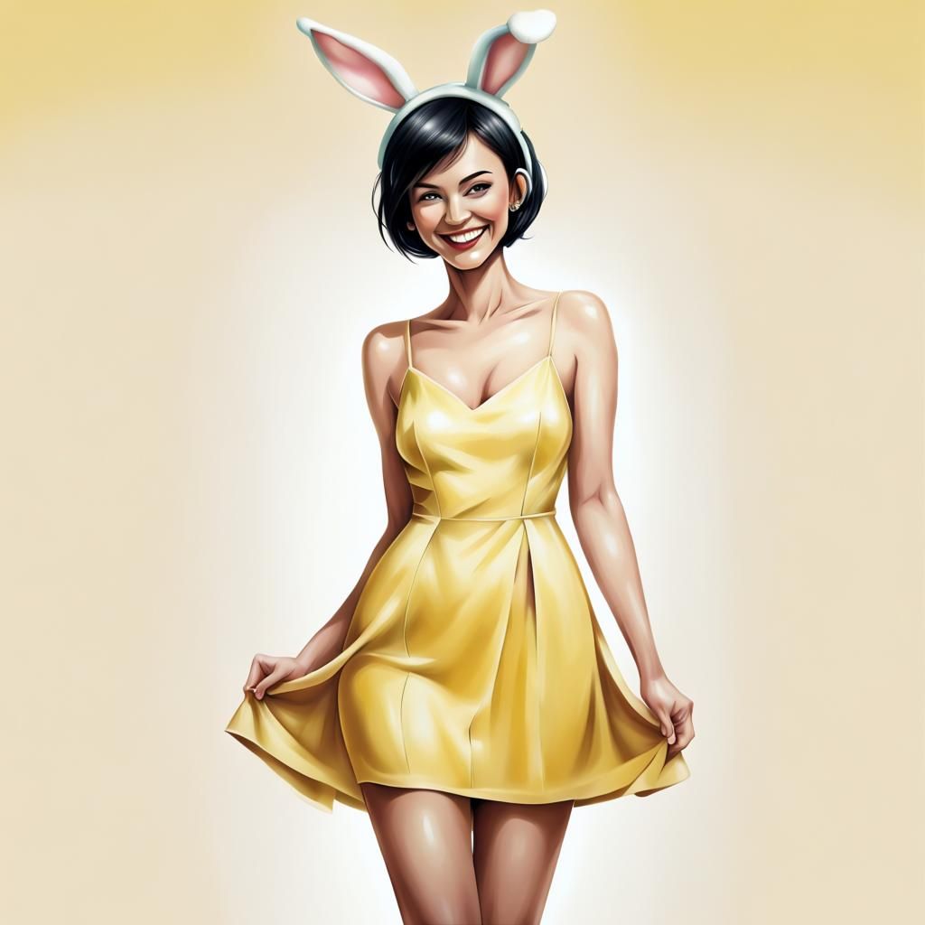 Smiling Woman with Bunny Ears in Airbrush Style