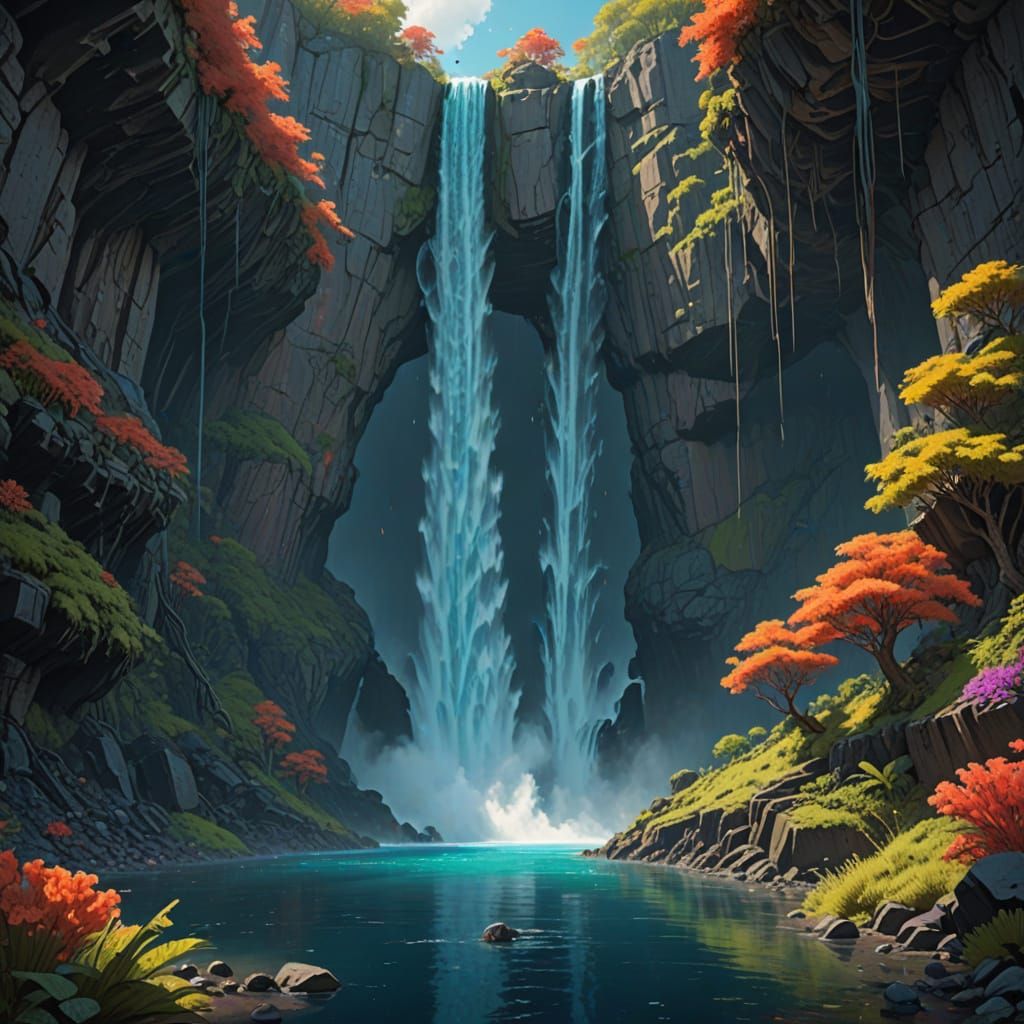Majestic Waterfall in Vibrant Coral Reef Dreamscape