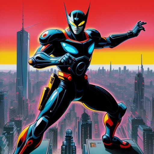 Heroic Tokusatsu Superhero in Sunset Cityscape