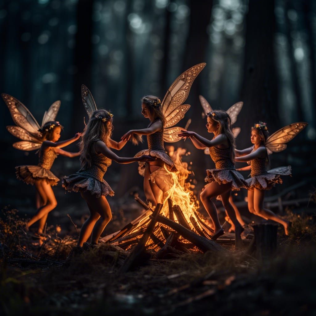 Fairies Dancing by Bonfire: Hyperrealistic Forest Scene