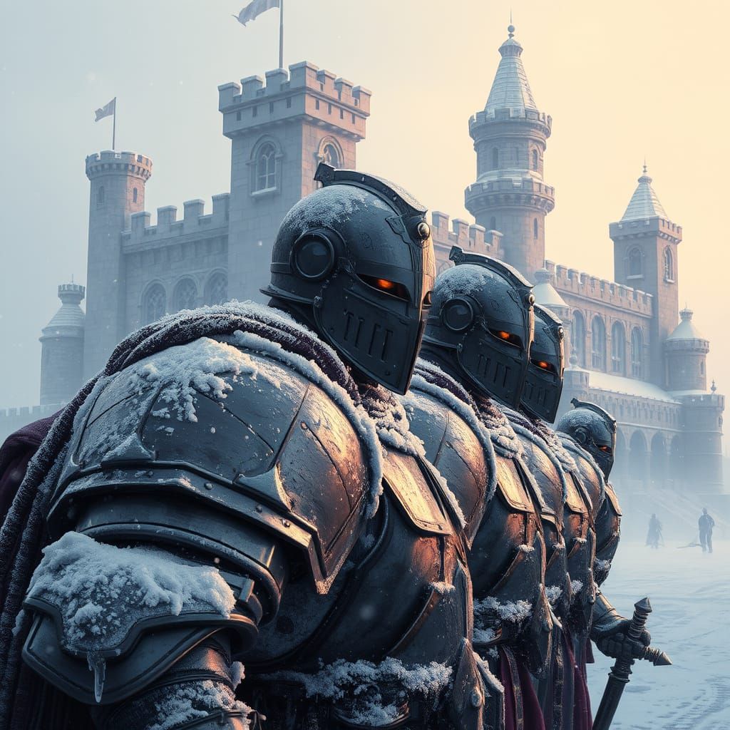 Frostbitten Knights Stand Guard Before an Ancient Castle