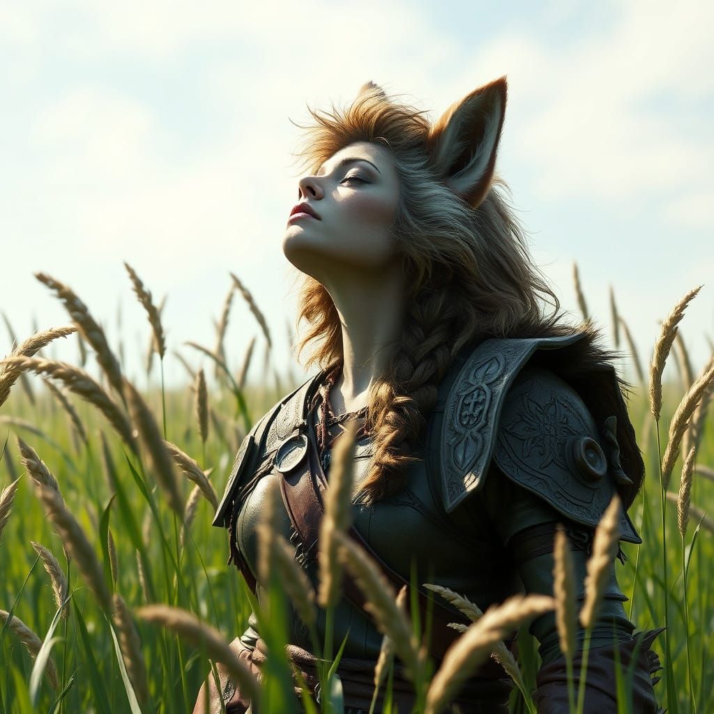 Enchanted Female Warrior Basks in Wildflower Meadow