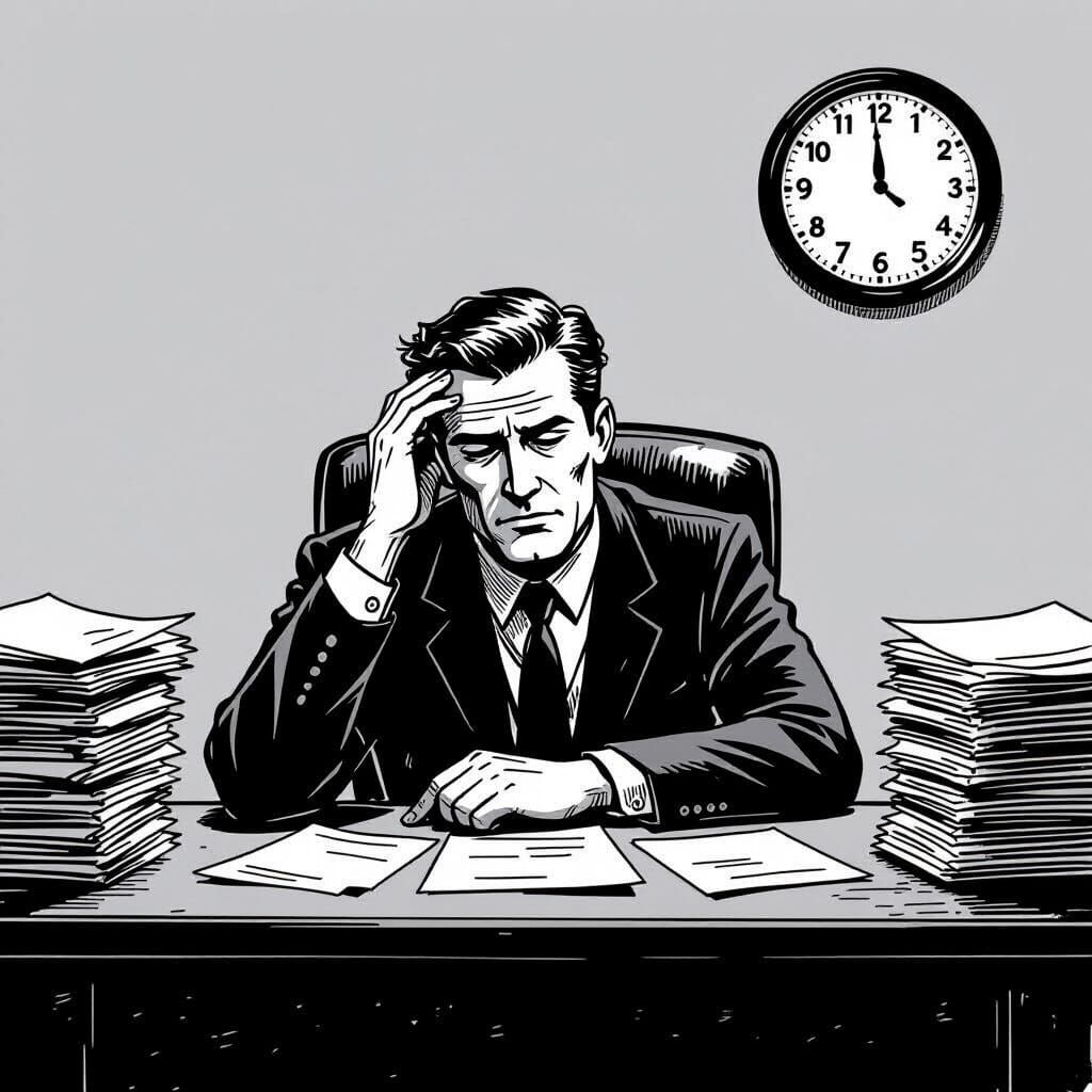 Distressed Man Working Late in Mid-Century Office