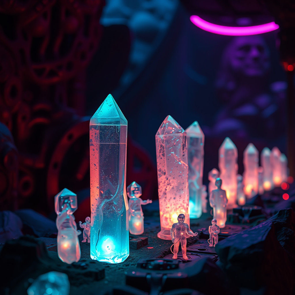 Bioluminescent Crystal Figurines in a Neon Environment