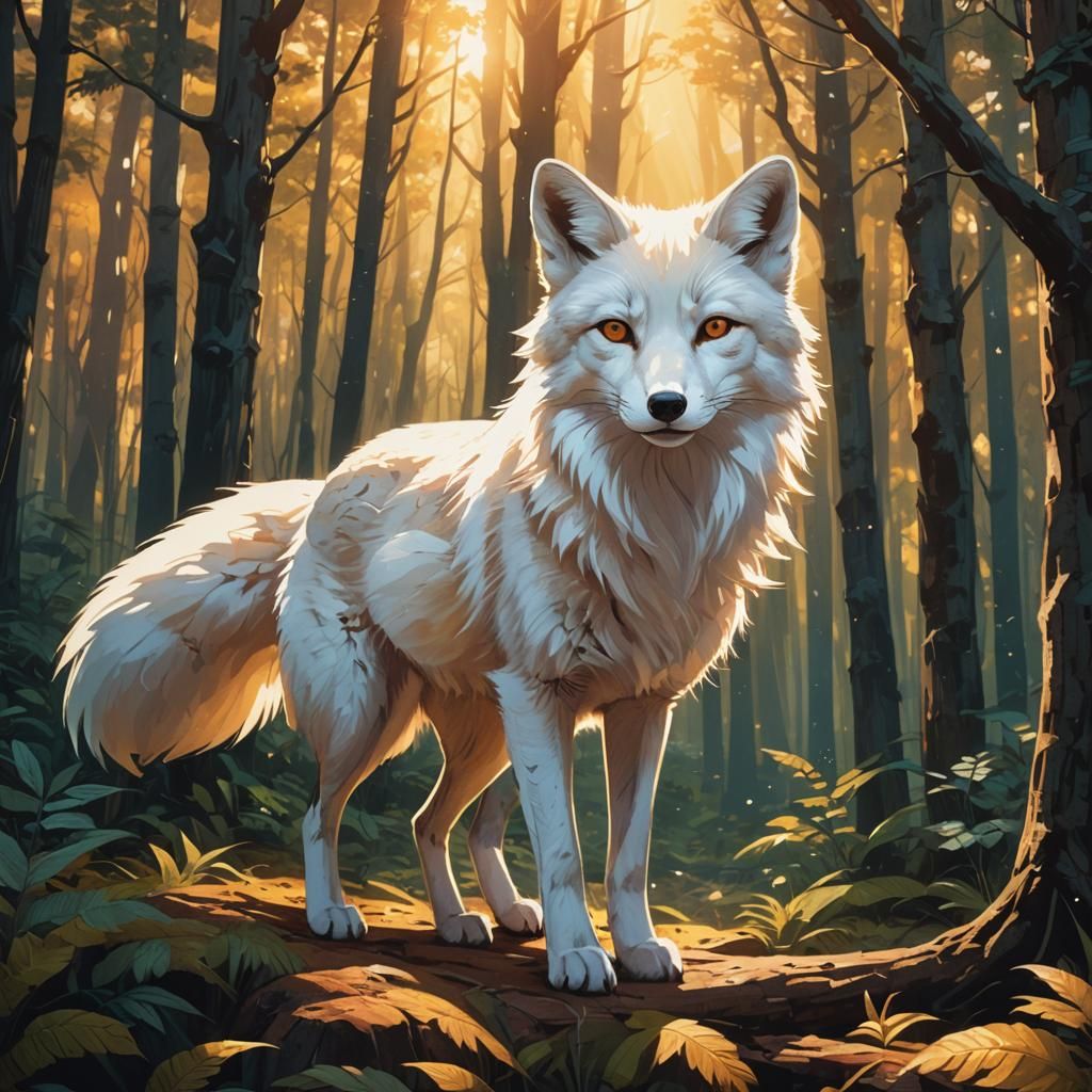 White Fox in Sunlit Forest: Manga Illustration