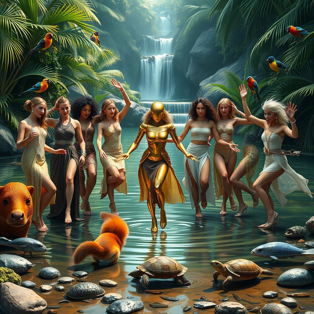 Wild Dance Circle of Women and Robot in Tropical Jungle Oasi...