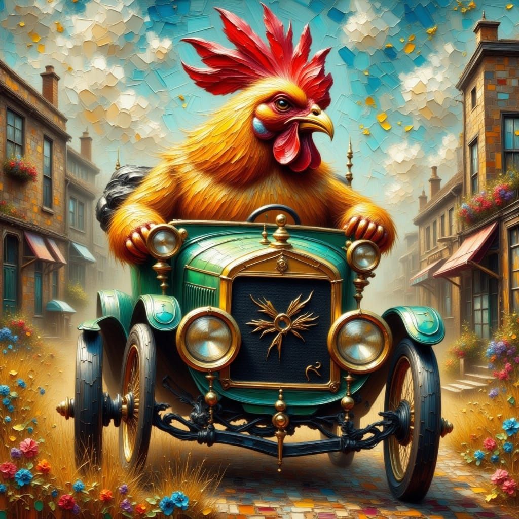 Grumpy Chicken Drives Vintage Car as Impasto Painting