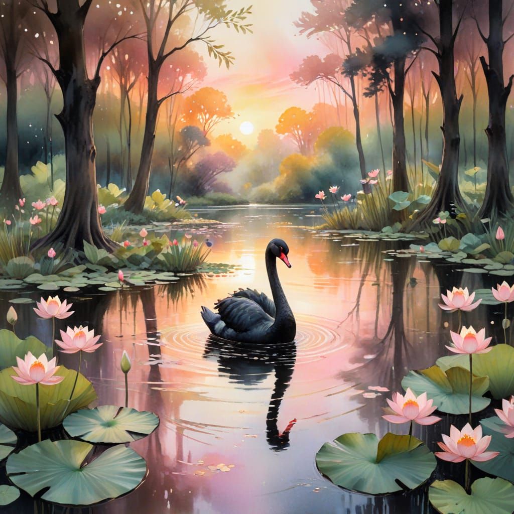 Black Swan in Forest: Impressionist Watercolor