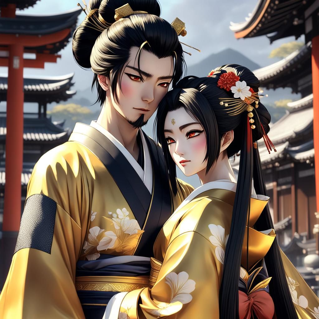 Geisha and King in Anime Style 3D Art
