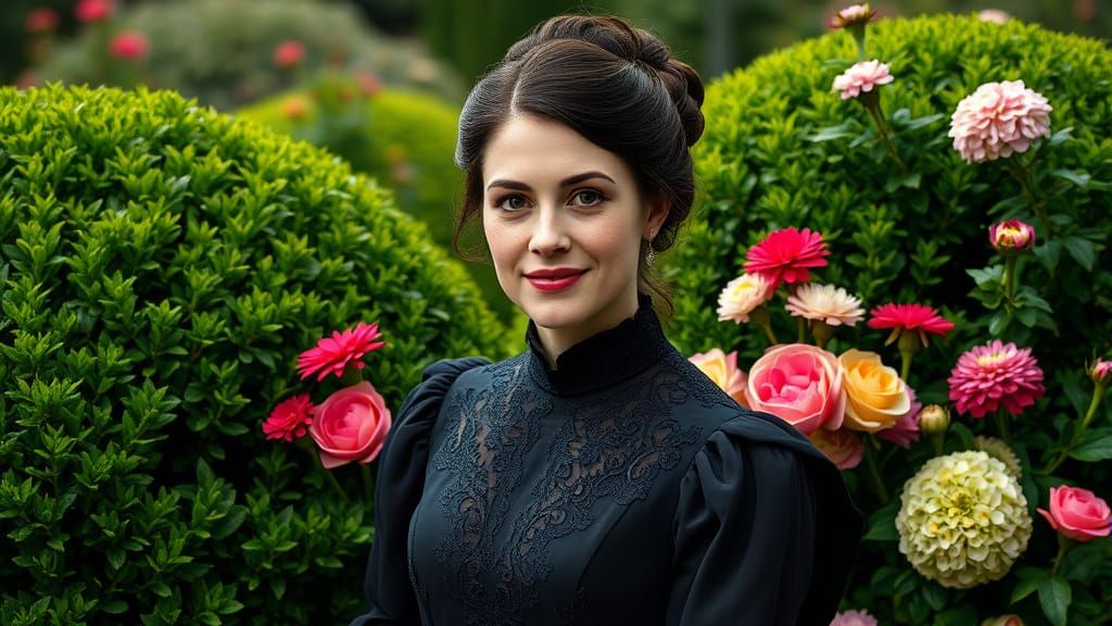 Elegant Woman in Victorian Garden