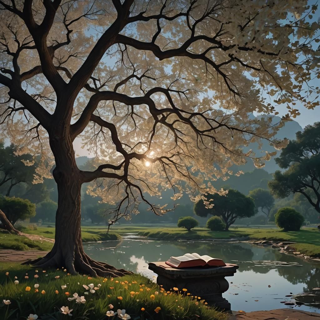 Serene Moonlit Landscape with Quran and Starry Sky