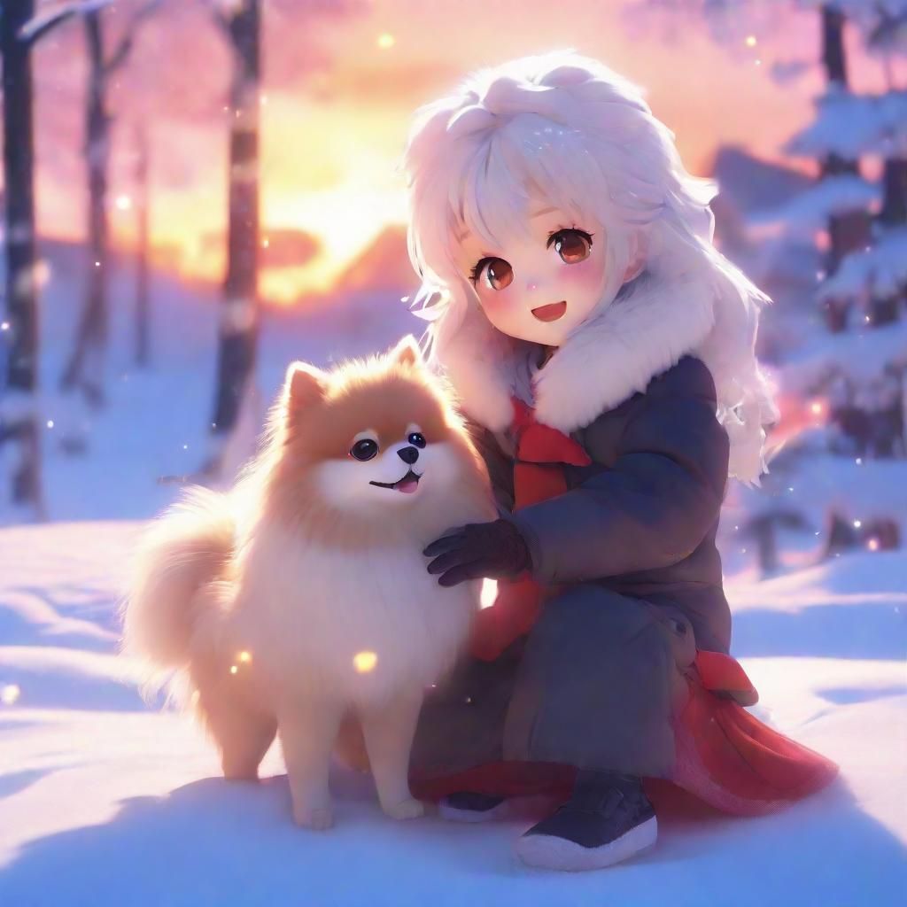 Anime Pomeranian and Child Playing in Winter Snow