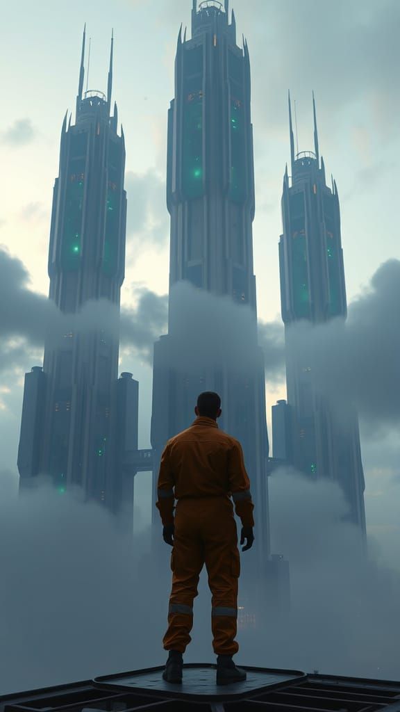 Worker Overlooks Bio-Mechanical Cityscape at Dusk