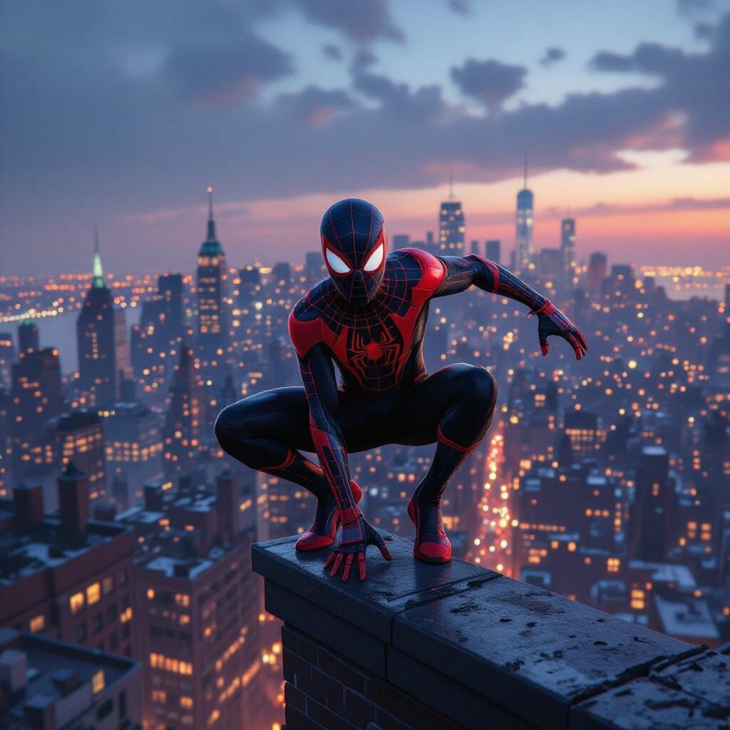 Spider-Man Miles Morales Heroic Rooftop Pose at Dusk