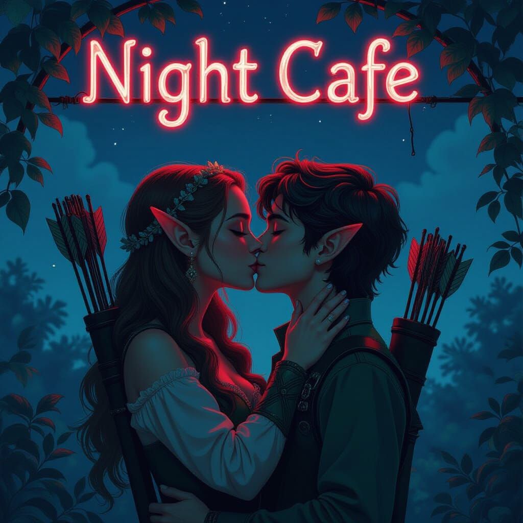 Elf Archer Girl Kisses Boy Under Neon Sign
