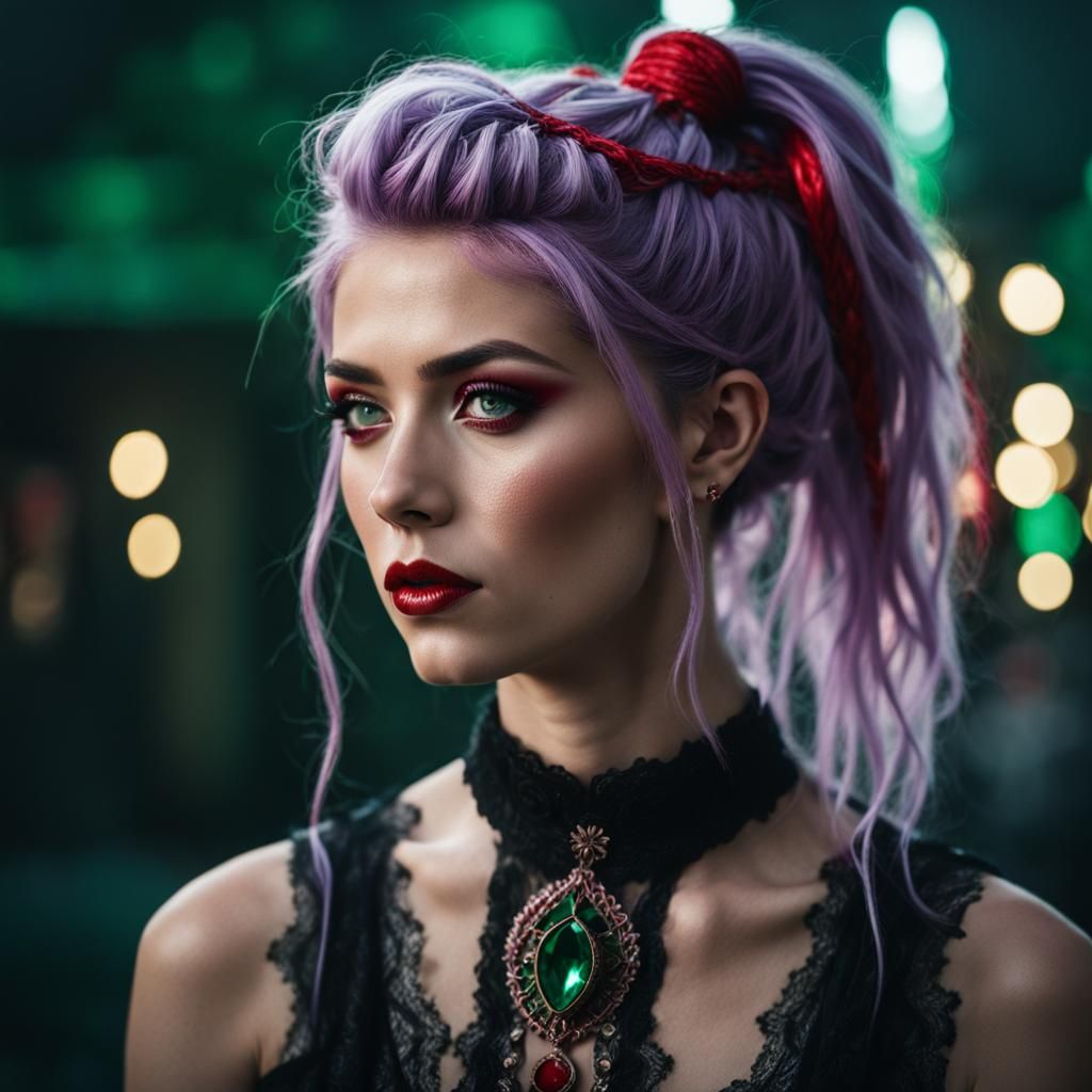 Battleworn Woman with Lilac Hair and Red Highlights