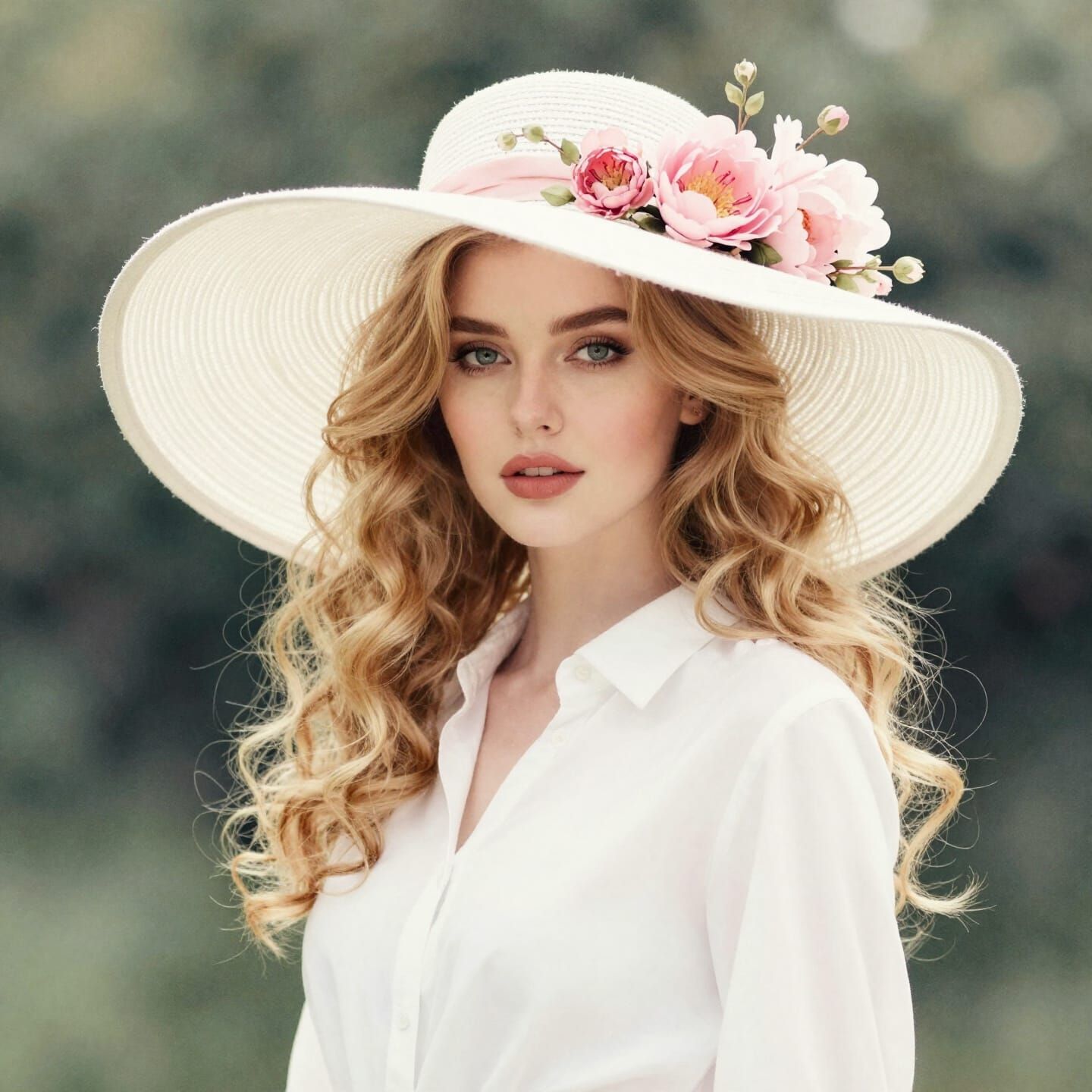 Elegant Woman in White Hat with Pink Flowers, Watercolor Sty...