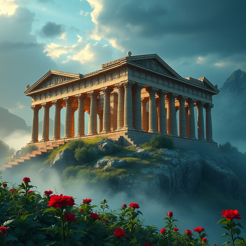 Armenian Garni Temple on Mist-Shrouded Hillside