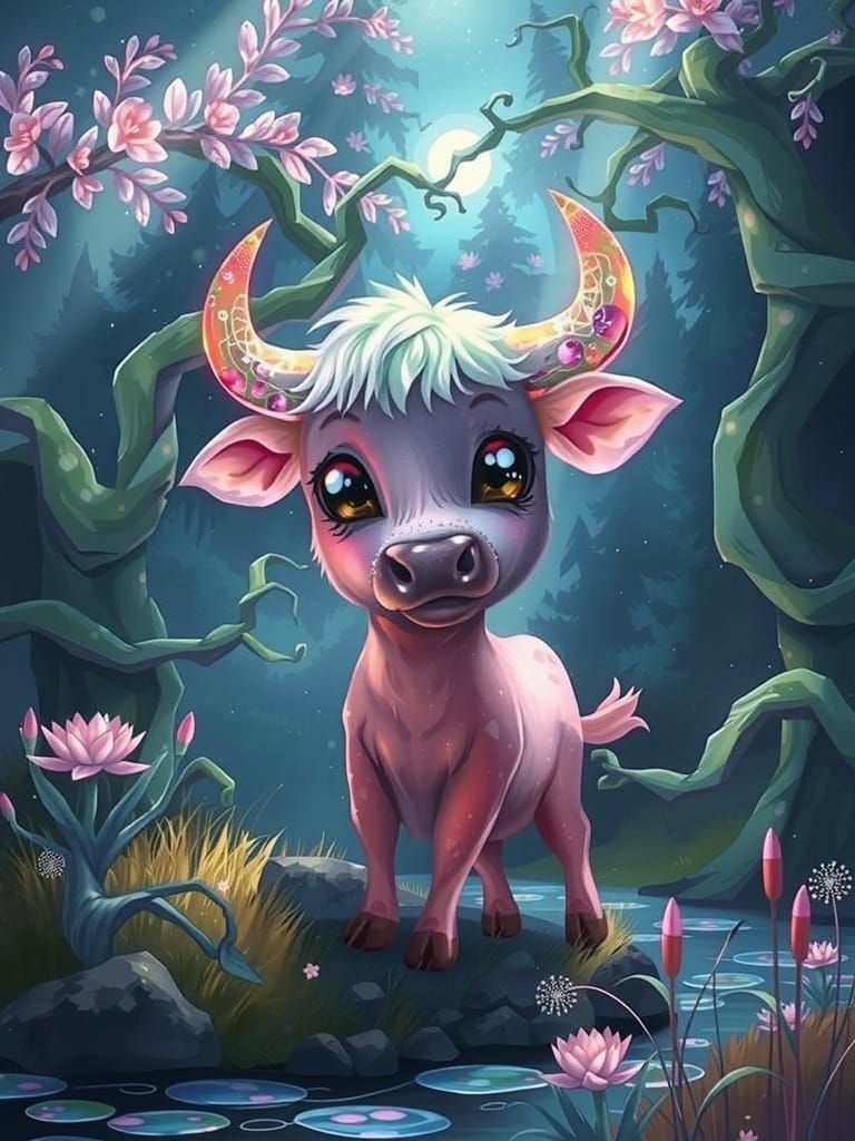 A chibi Highland cow with velvety, plush fur the color of chestnut brown and honey, stands poised in a sun-dappled clear...