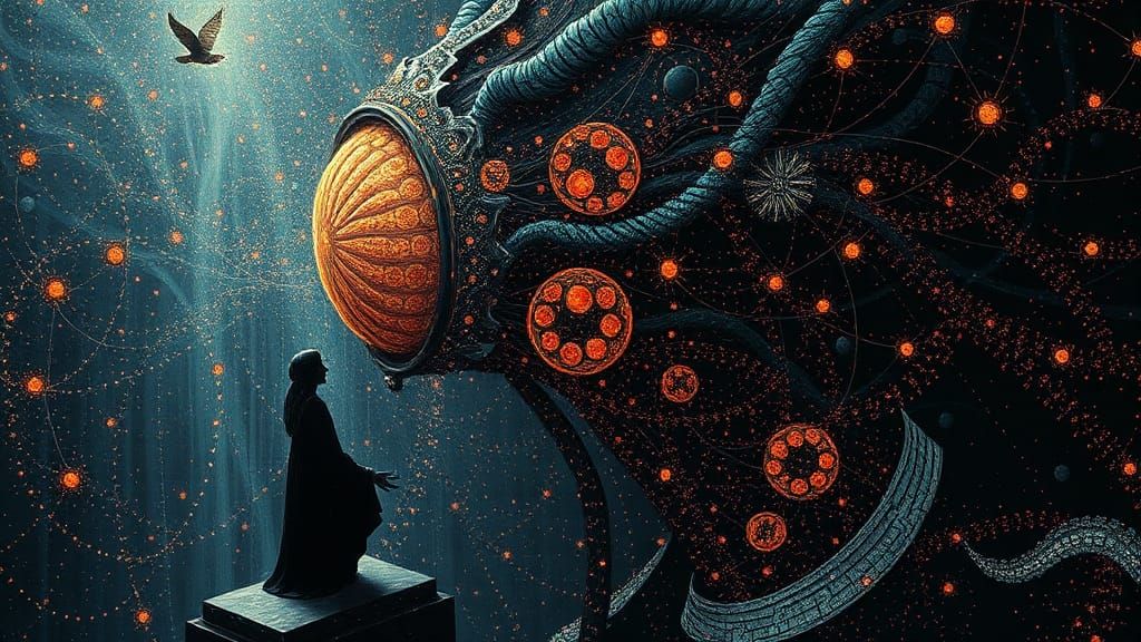 Philosophical Battle: Pointillism Meets Concept Art