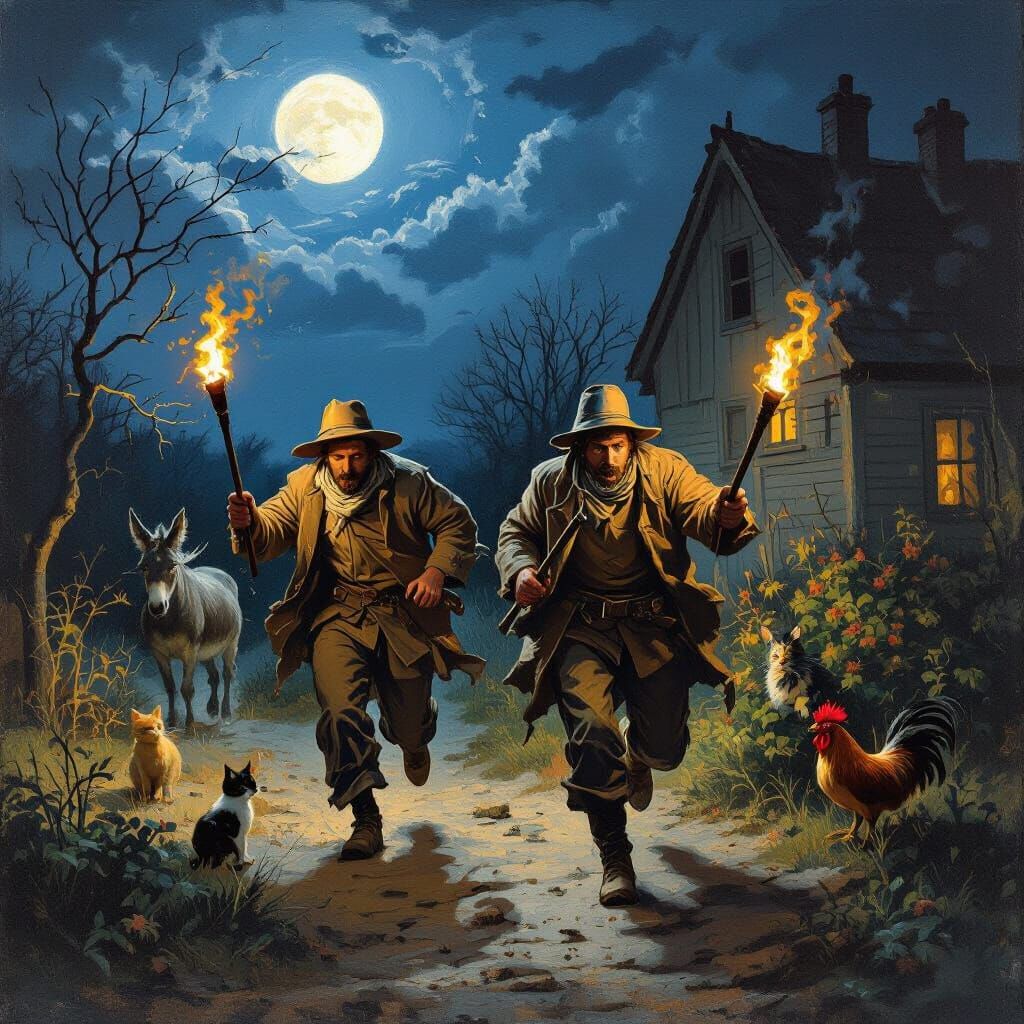 Moonlit Escape: Robbers Flee in Rembrandt Style