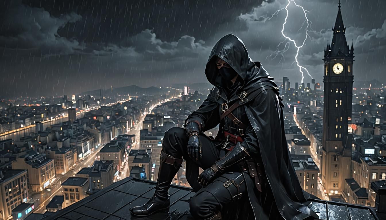 Anime Assassin in Rain on Dark City Rooftop
