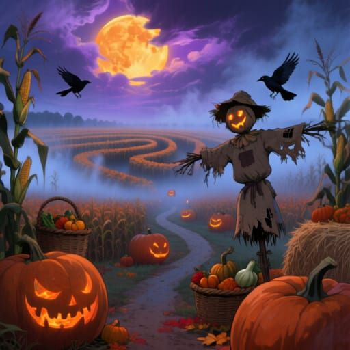 Twilight Pumpkin Patch and Misty Cornfield Maze Under Harves...