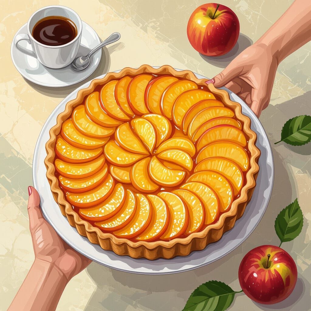 Golden Apple Tart with Peach Glaze in Caricature Style