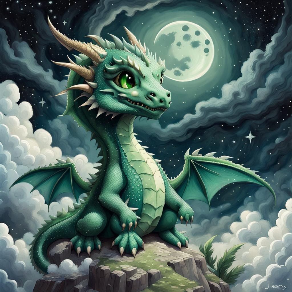 Chibi Green Dragon in Glitter Watercolor Style