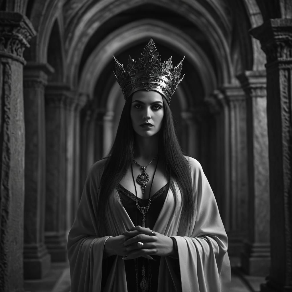 Gothic Priestess in Crypt: Black and White Portrait