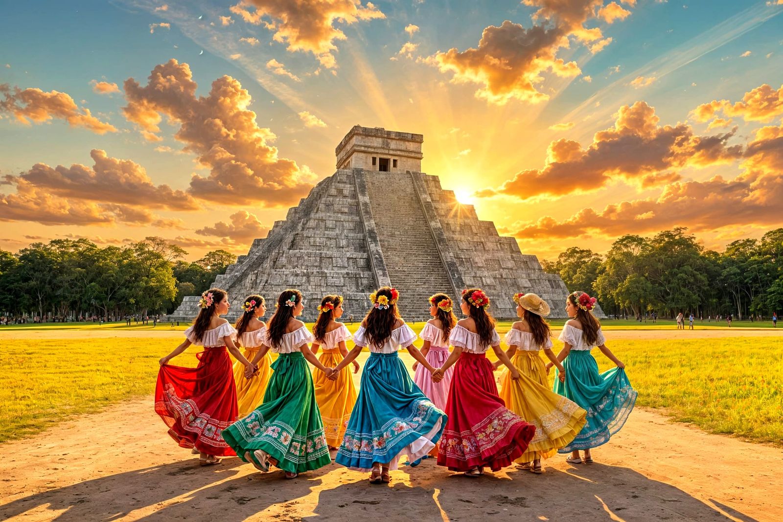 Mexican Women Dancing at Chichen Itza Sunset