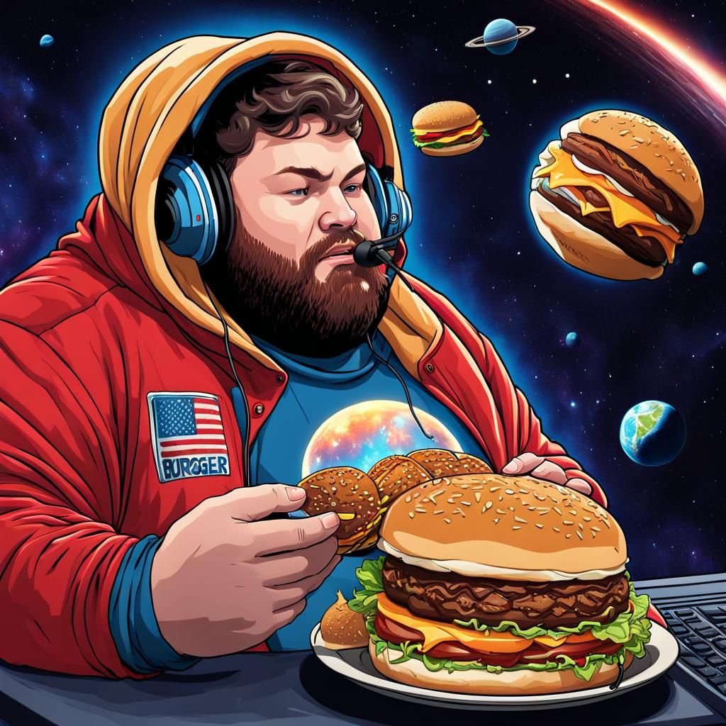 Humorous Image of Streamer Eating Giant Burger in Space