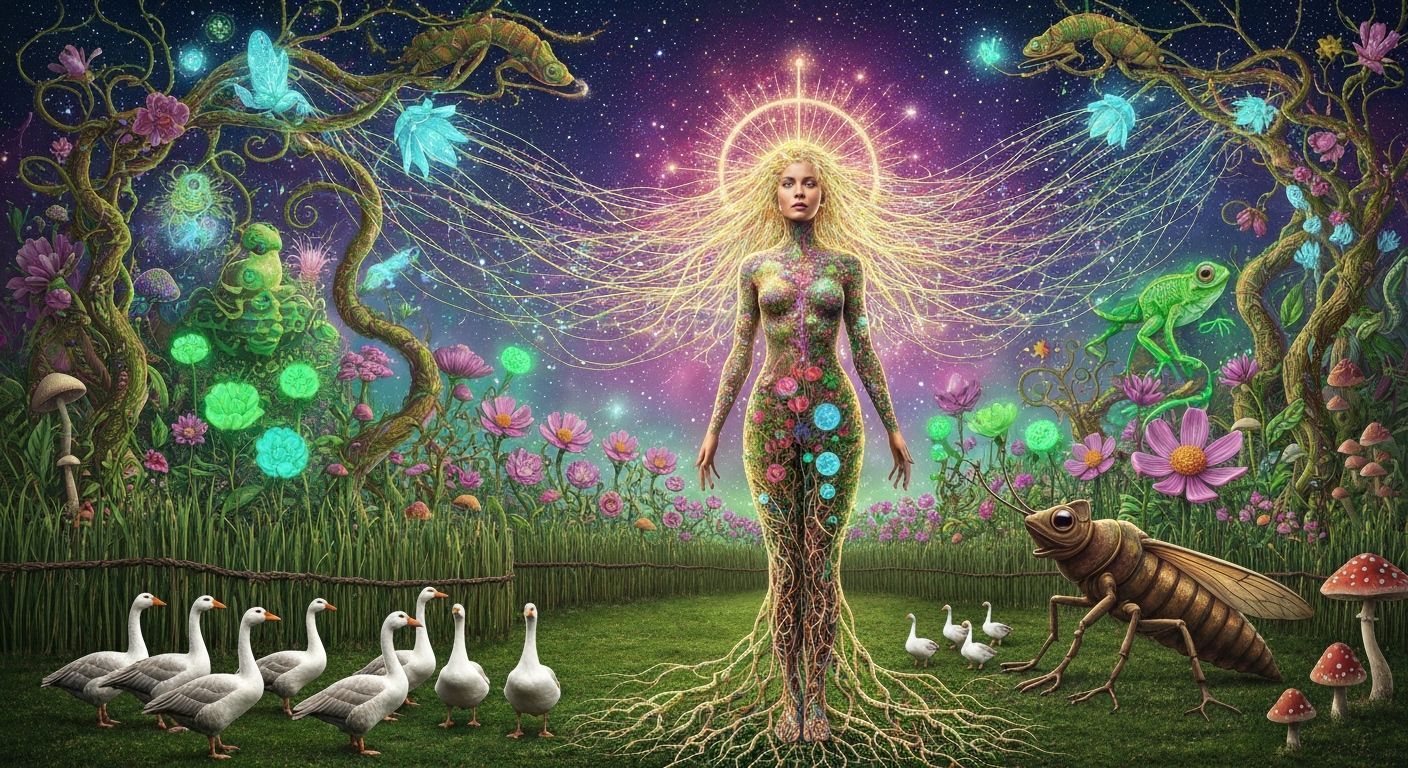 Woman Merging with Cosmic Garden, Psychedelic Eco-Art Style