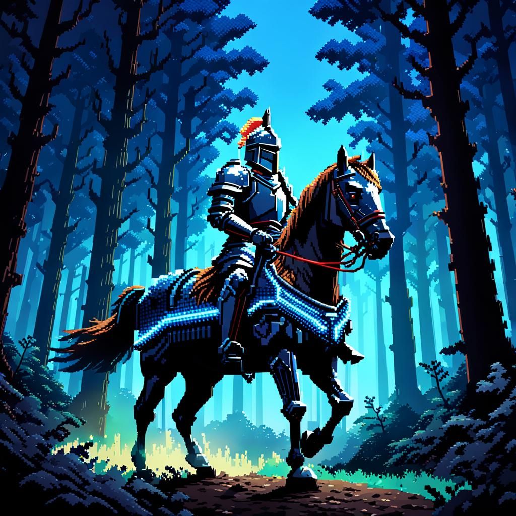 Pixel Art Knight Rides Through Dark Forest