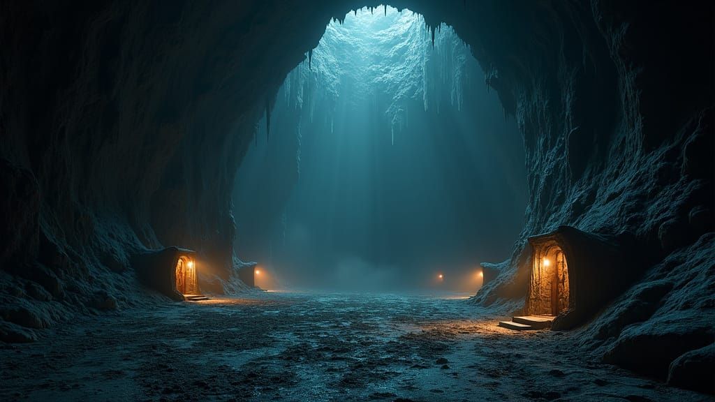 Dramatic Underground Cavern City in Darkness