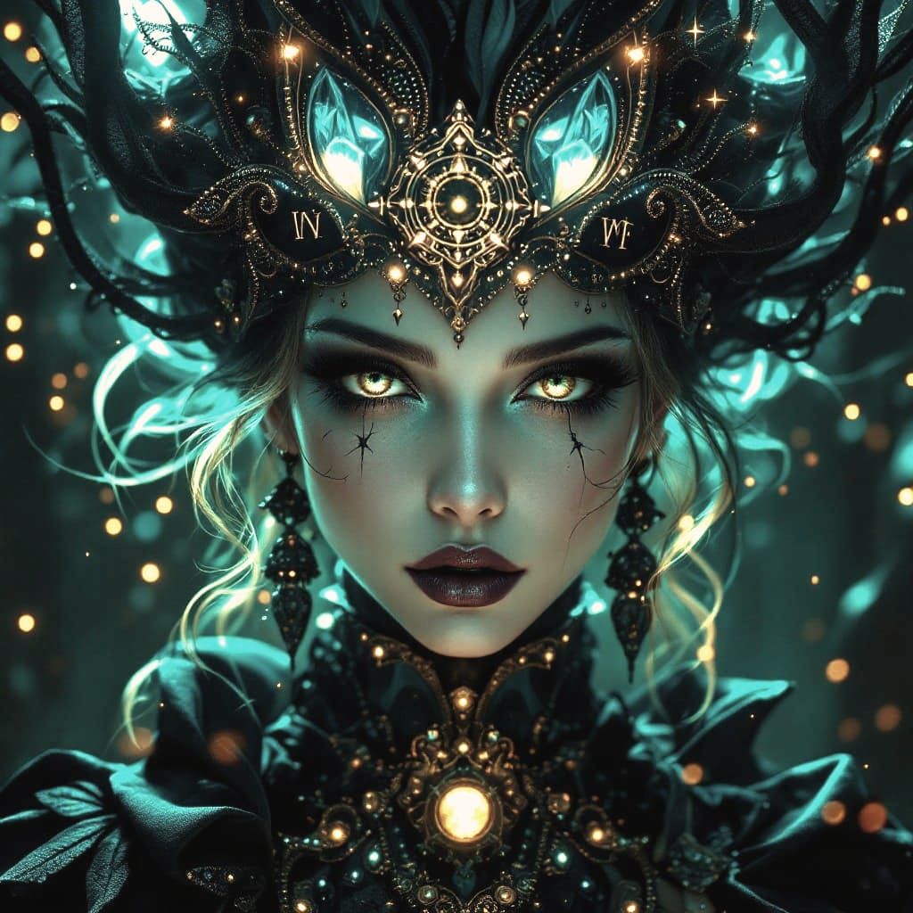 Surreal Witchpunk Sorceress Portrait in Triadic Colors