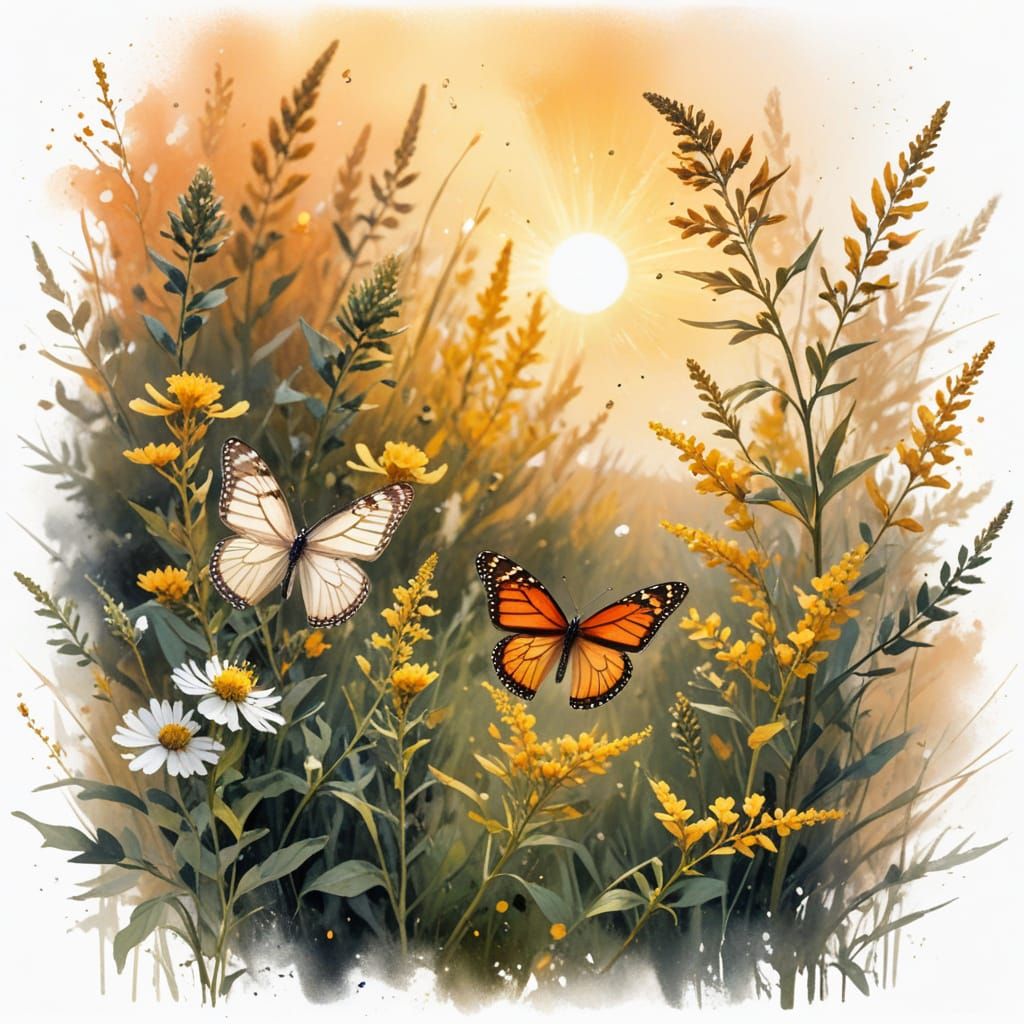 Monarch Butterfly in Sunlit Prairie: Watercolour Painting
