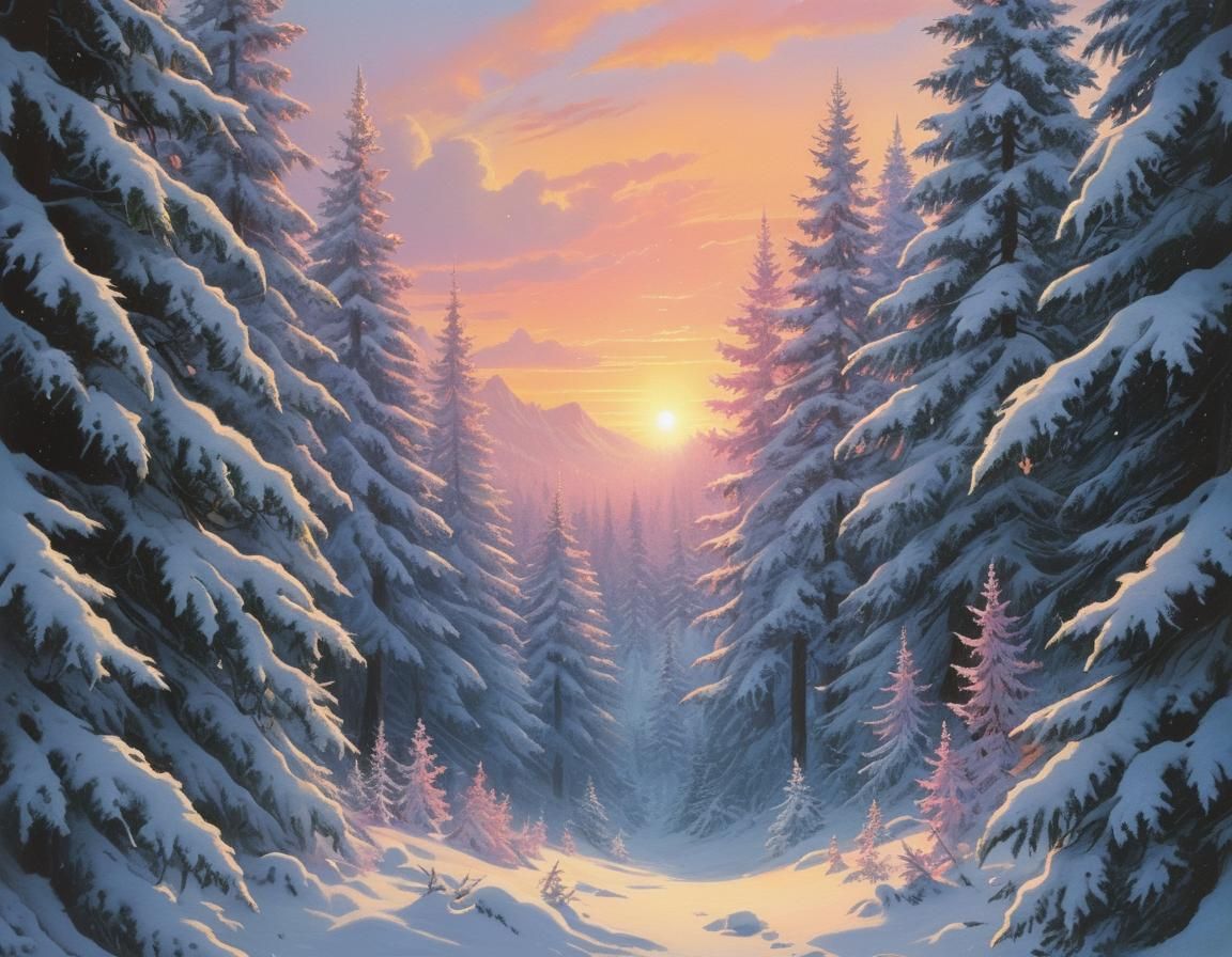 Enchanted Winter Forest in Vibrant Sunset Colors, Inspired b...