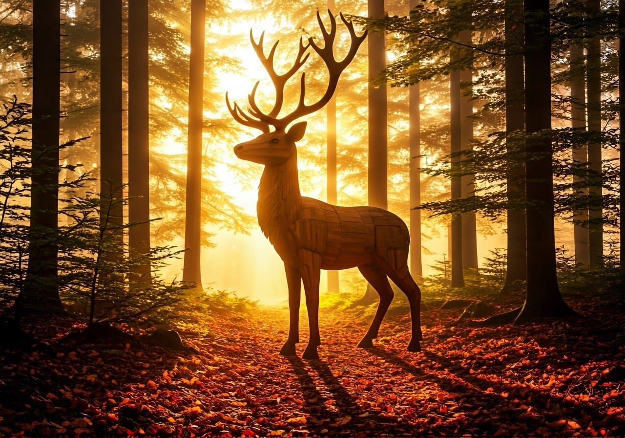 Majestic Wooden Reindeer Sculpture in Autumn Landscape