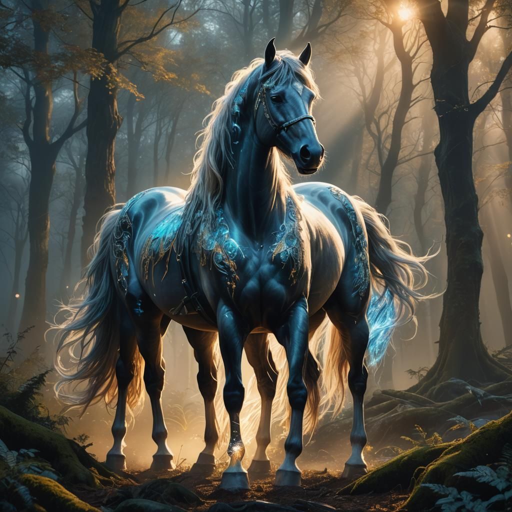 Majestic Horse with Glowing Aura in Mystical Forest